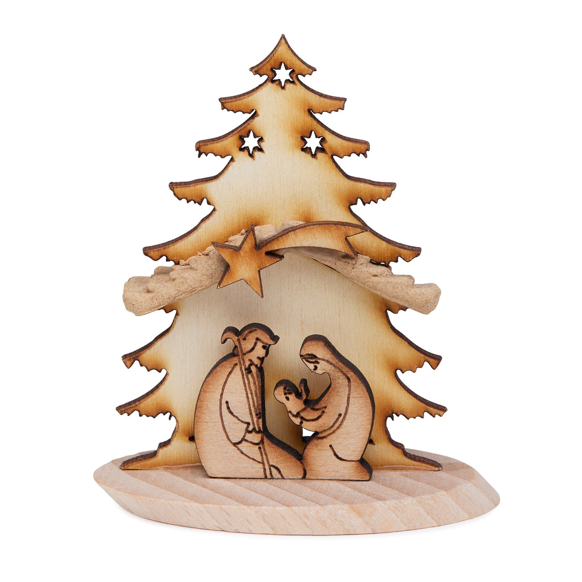 Wooden Nativity Scene with a Christmas Tree