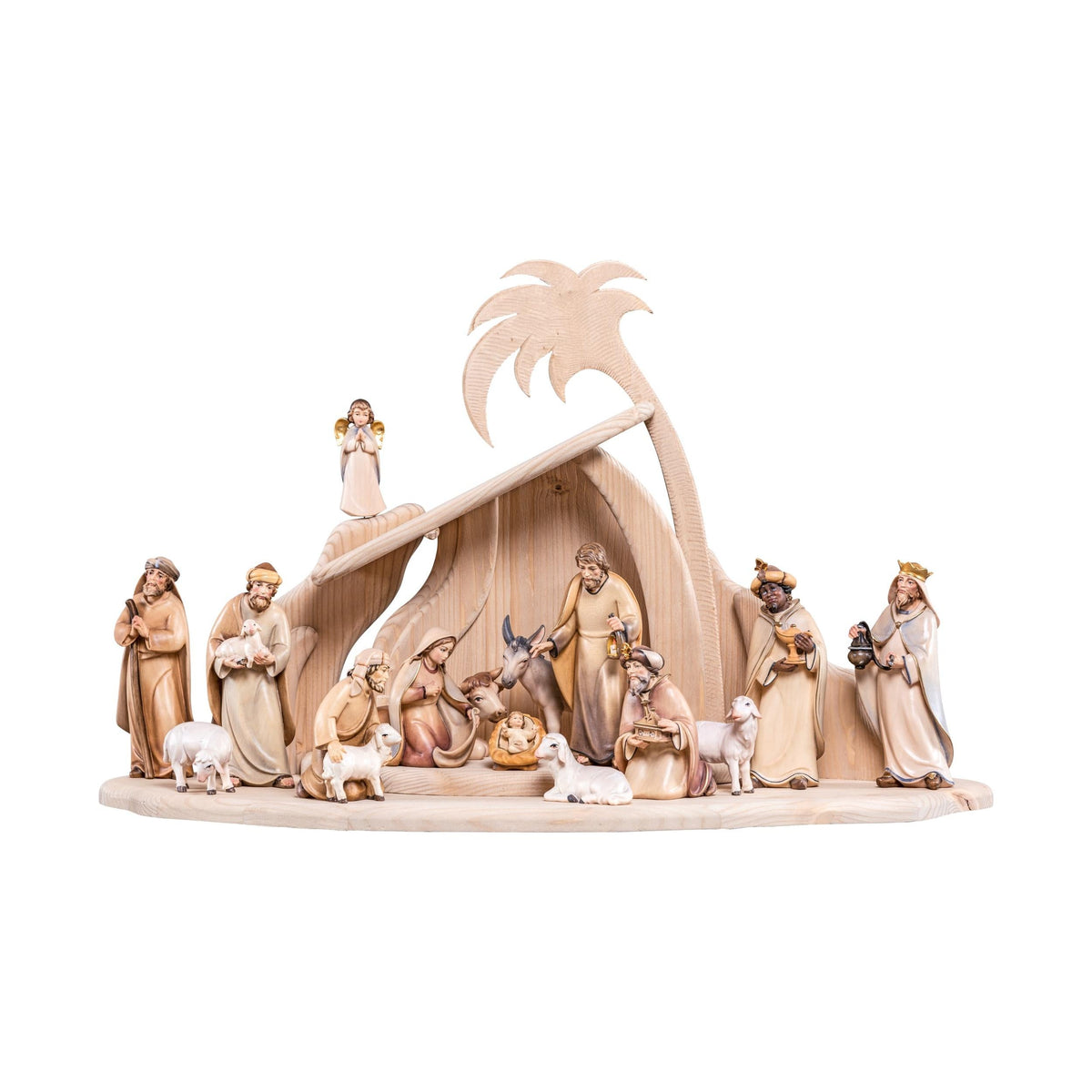 Wooden Nativity Scene with Modern Stable, the Three Magi and Shepherds