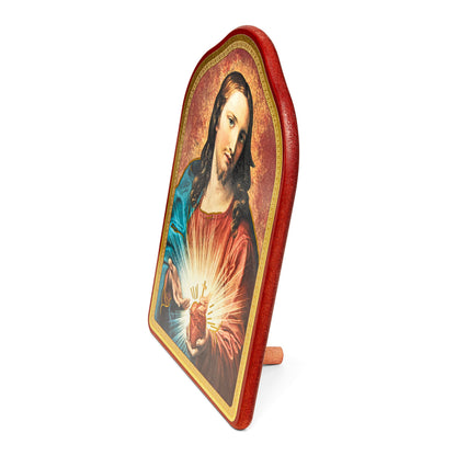 Wooden Painting With Red Frame of Sacred Heart of Jesus