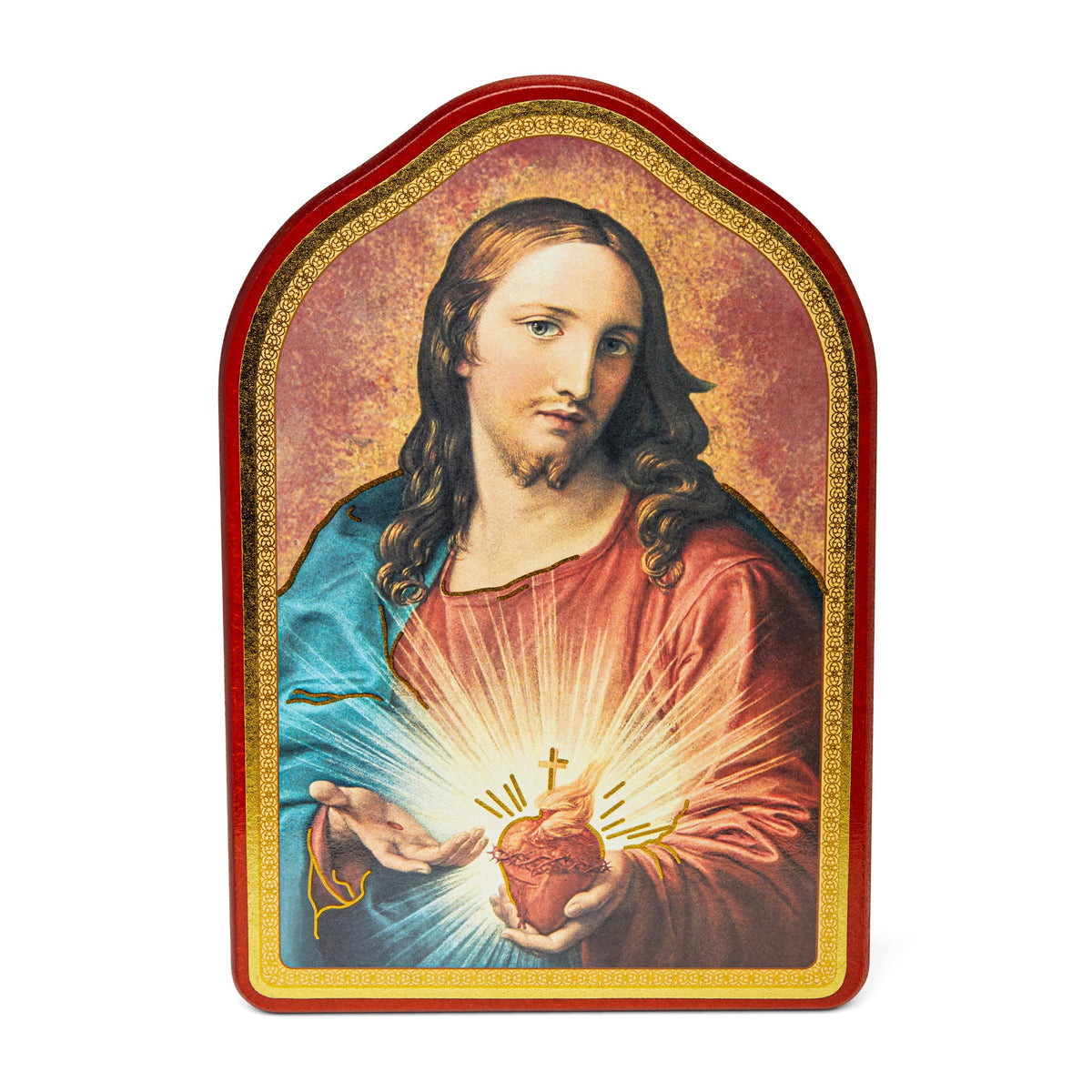 Wooden Painting With Red Frame of Sacred Heart of Jesus