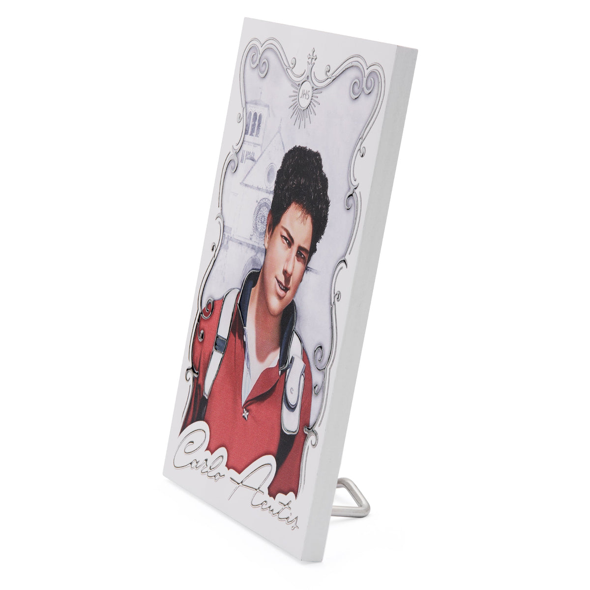Wooden Panel with Sterling Silver Details of Saint Carlo Acutis