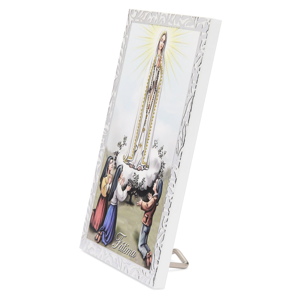 Wooden Panel with Sterling Silver Details of Our Lady of Fátima