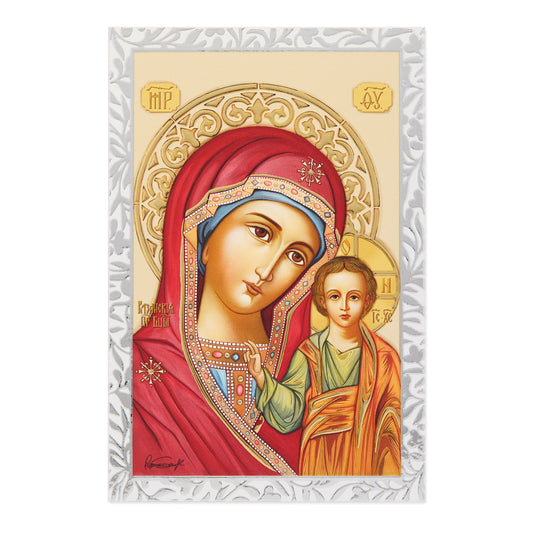 Wooden Panel with Sterling Silver Details of Our Lady of Kazan