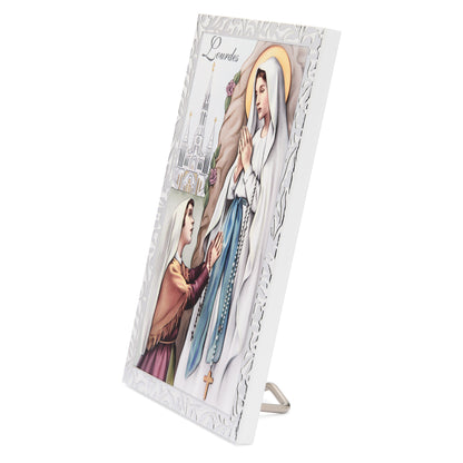 Wooden Panel with Sterling Silver Details of Our Lady of Lourdes