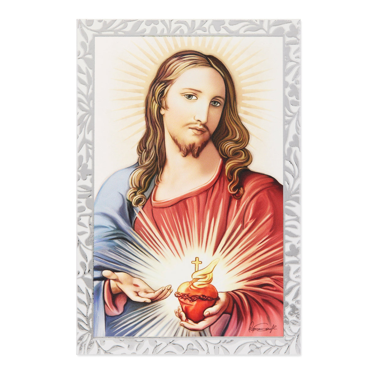 Wooden Panel with Sterling Silver Details of the Sacred Heart of Jesus