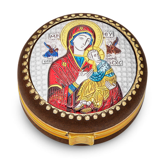 Wooden Rosary Case of Our Lady of Perpetual Help With Metal Plaque and Colorful Details
