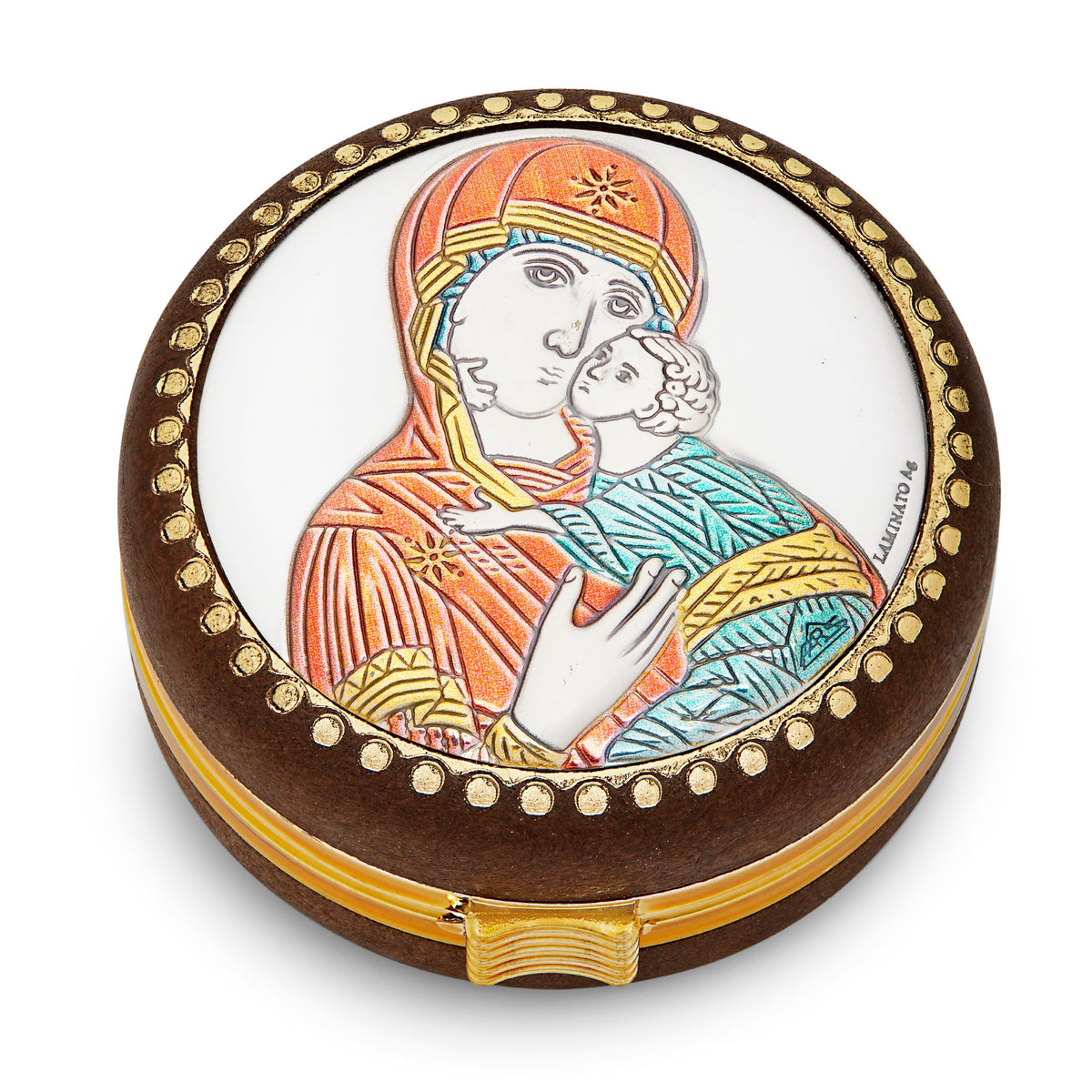 Wooden Rosary Case of the Virgin of Vladimir With Metal Plaque and Colorful Details