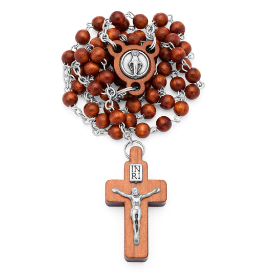 Natural Wood Rosary with Crucifix Featuring Metal Body of Christ