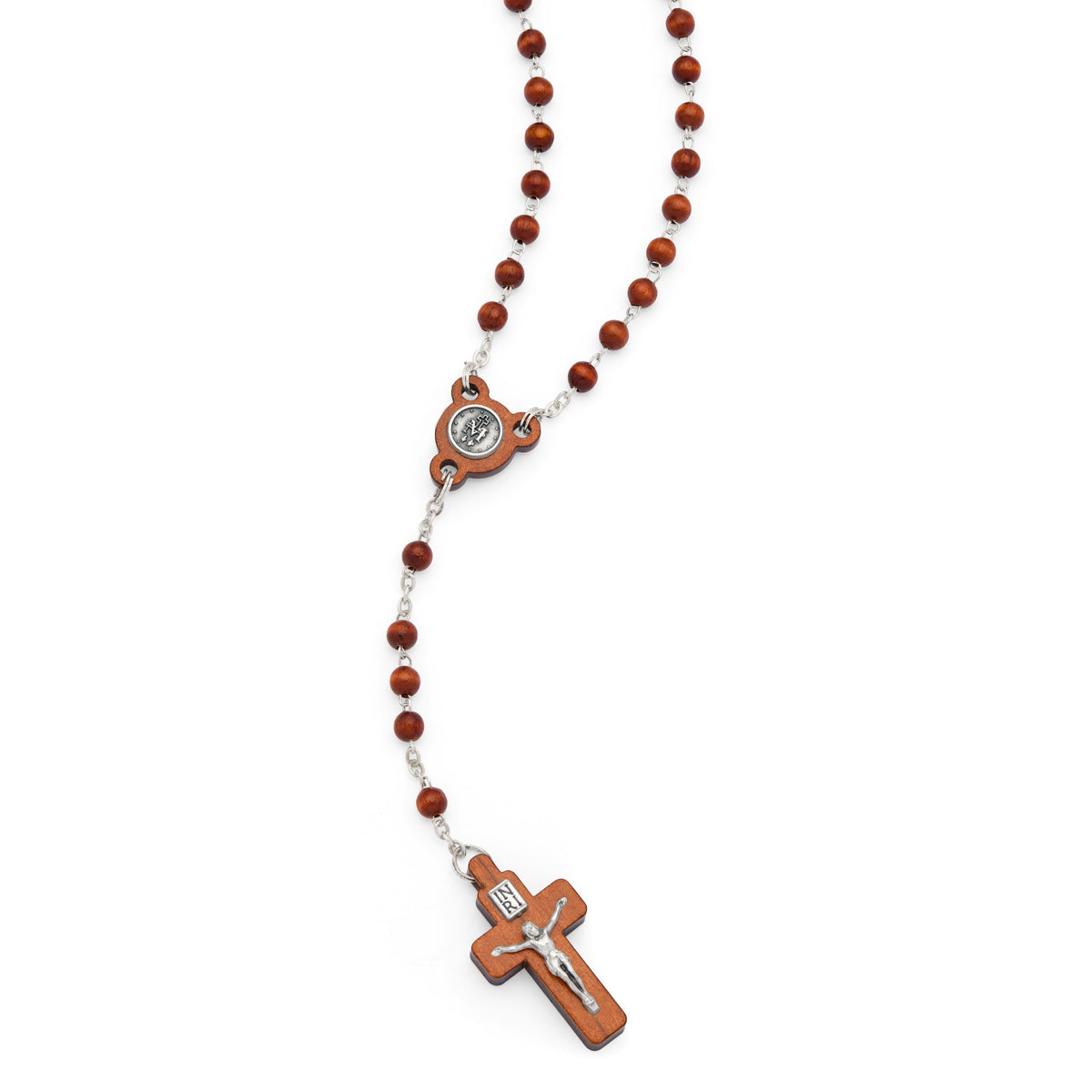 Natural Wood Rosary with Crucifix Featuring Metal Body of Christ