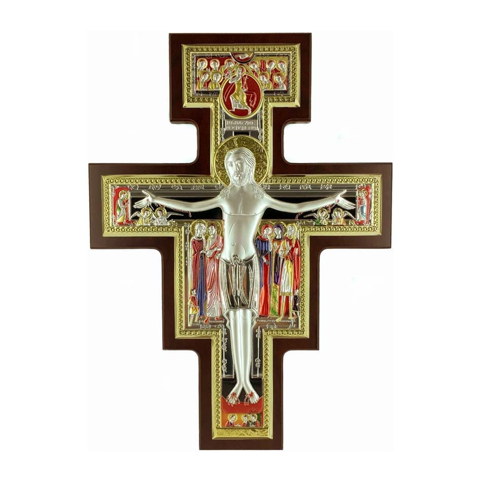 Wooden San Damiano Crucifix with Colorful Bilaminate Sterling Silver Plaque