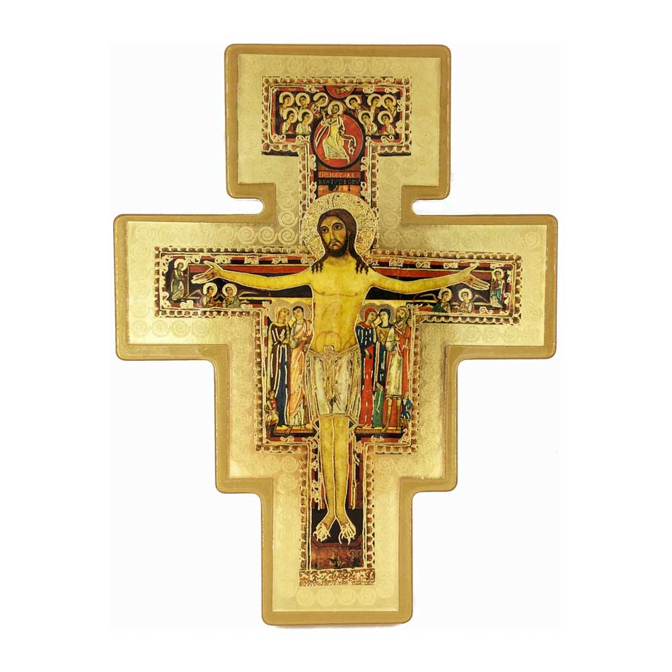 Wooden Saint Damian Crucifix with Gold Details and Outline