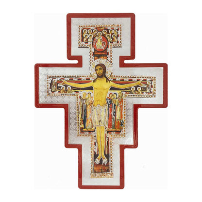 Wooden San Damiano Crucifix with Silver Details and Red Outline