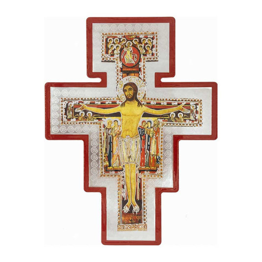 Wooden San Damiano Crucifix with Silver Details and Red Outline