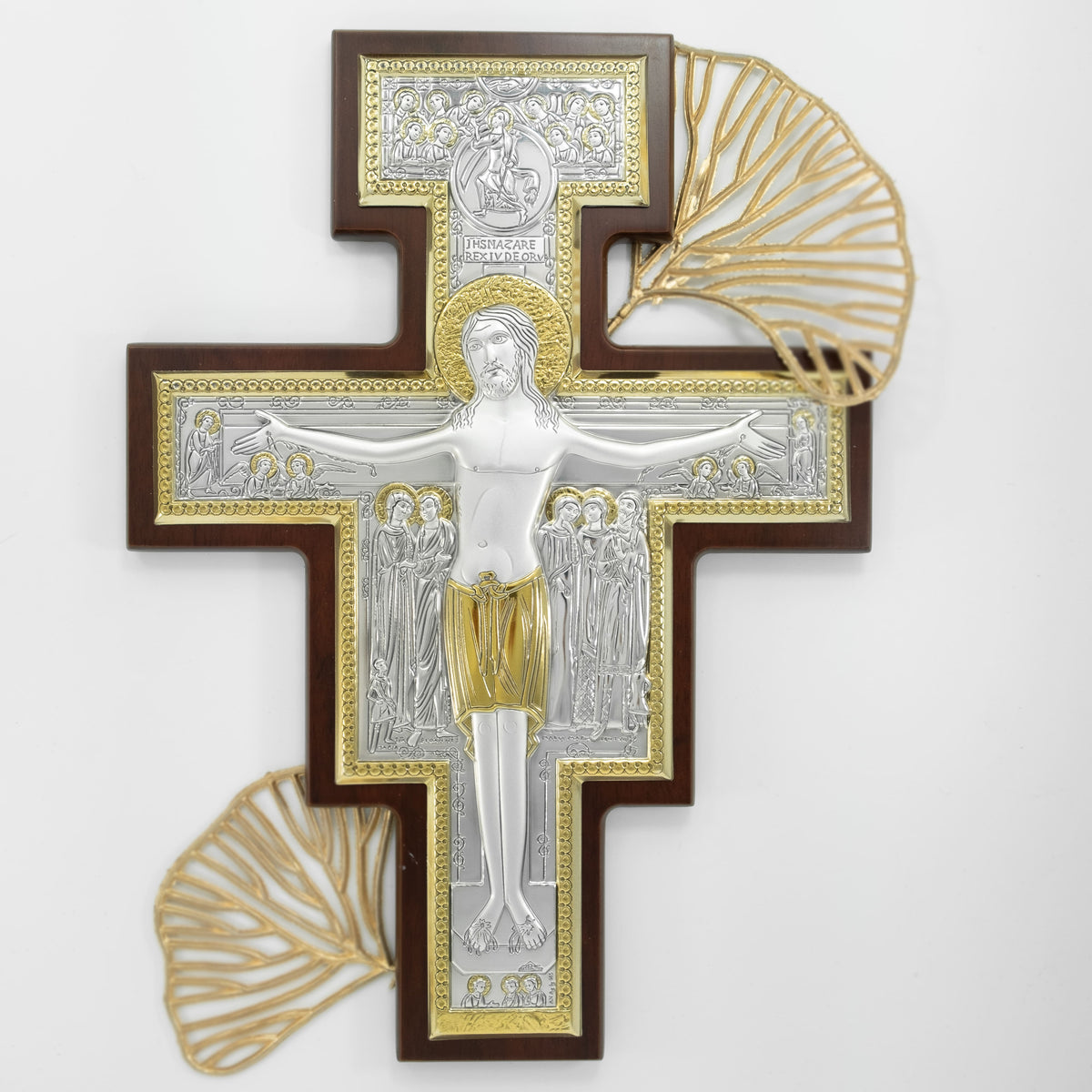 Wooden San Damian Crucifix with Bilaminate Sterling Silver Plaque and Gold Details