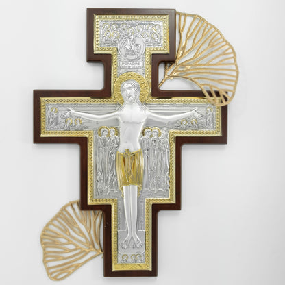 Wooden San Damian Crucifix with Bilaminate Sterling Silver Plaque and Gold Details