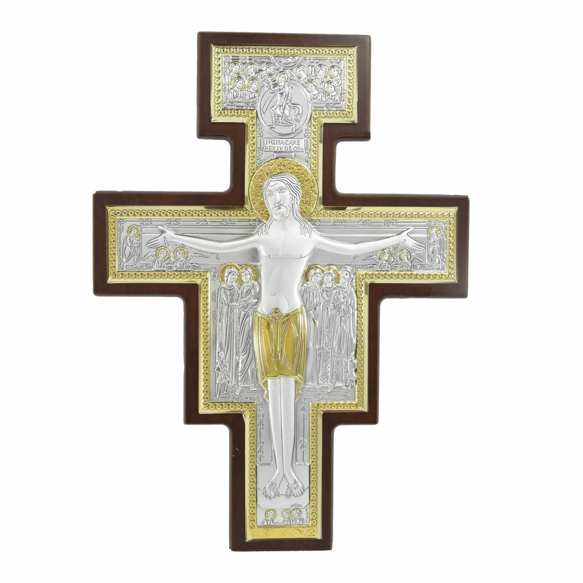 Wooden San Damian Crucifix with Bilaminate Sterling Silver Plaque and Gold Details