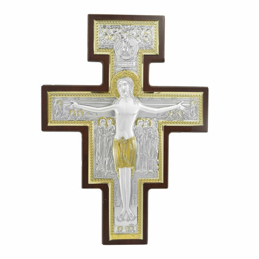 Wooden San Damian Crucifix with Bilaminate Sterling Silver Plaque and Gold Details