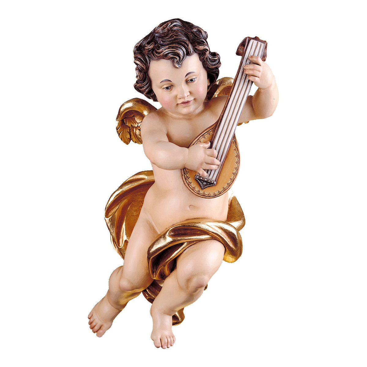 Wooden statue of Cherub with mandolin