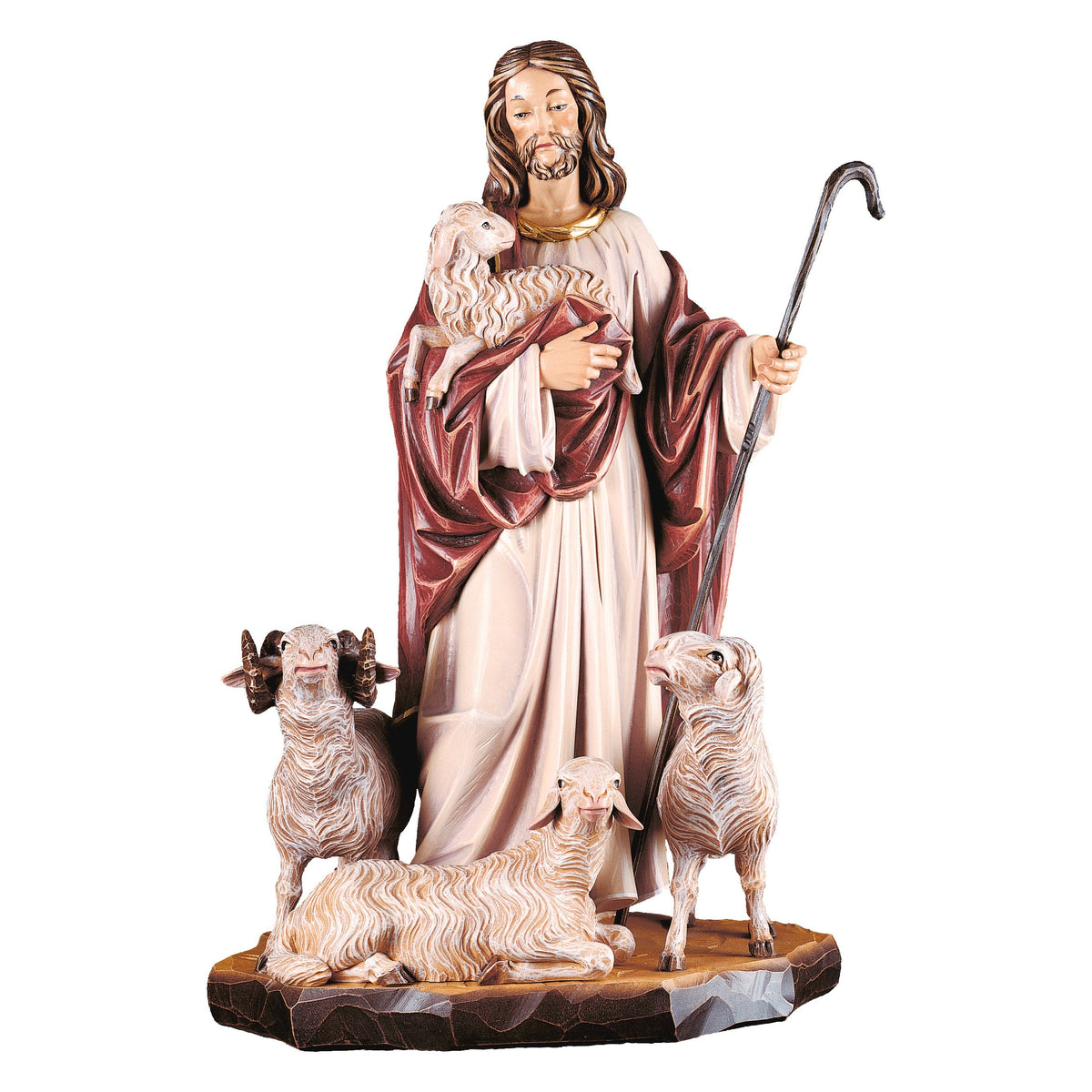 Wooden statue of Jesus shepherd with sheep