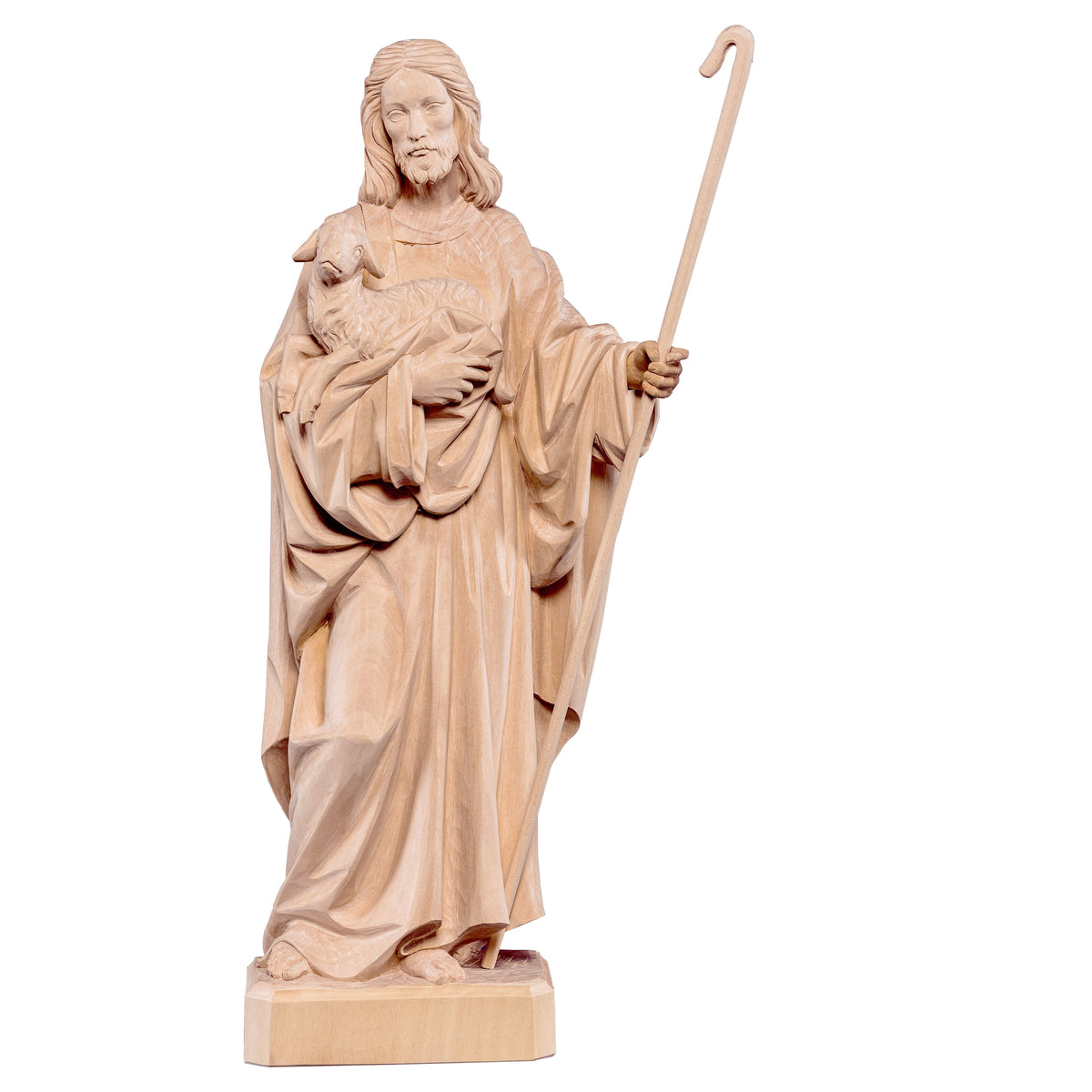 Wooden statue of Jesus shepherd without sheep