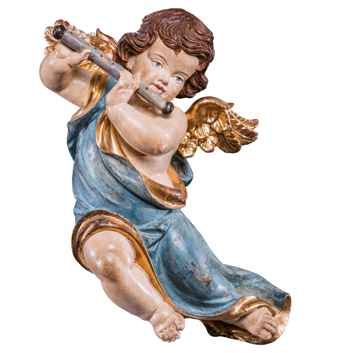 Wooden statue of Marian cherub with flute