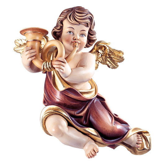 Wooden statue of Marian cherub with horn