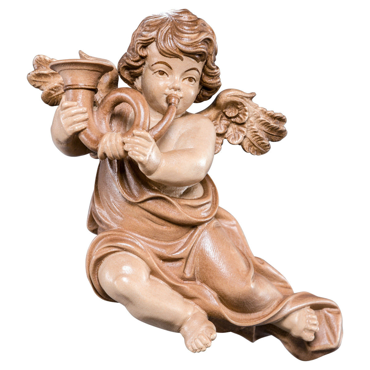 Wooden statue of Marian cherub with horn
