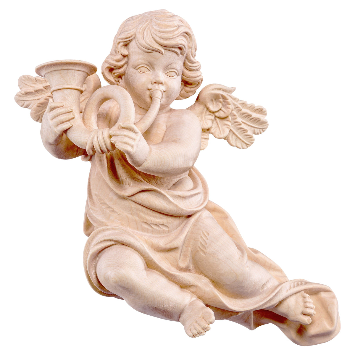 Wooden statue of Marian cherub with horn