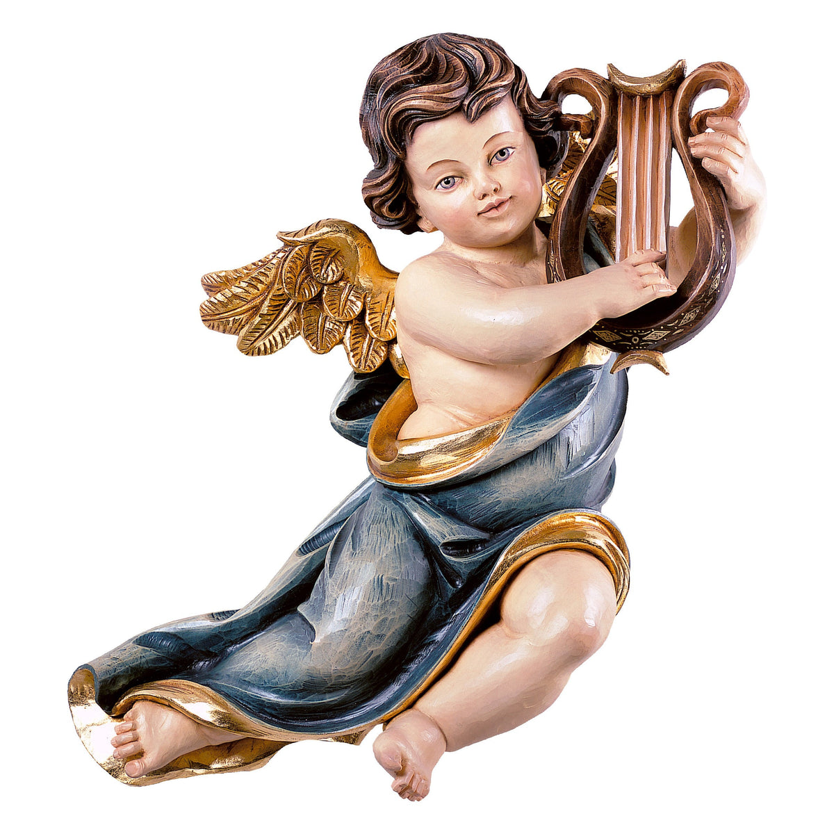 Wooden statue of Marian cherub with lyre