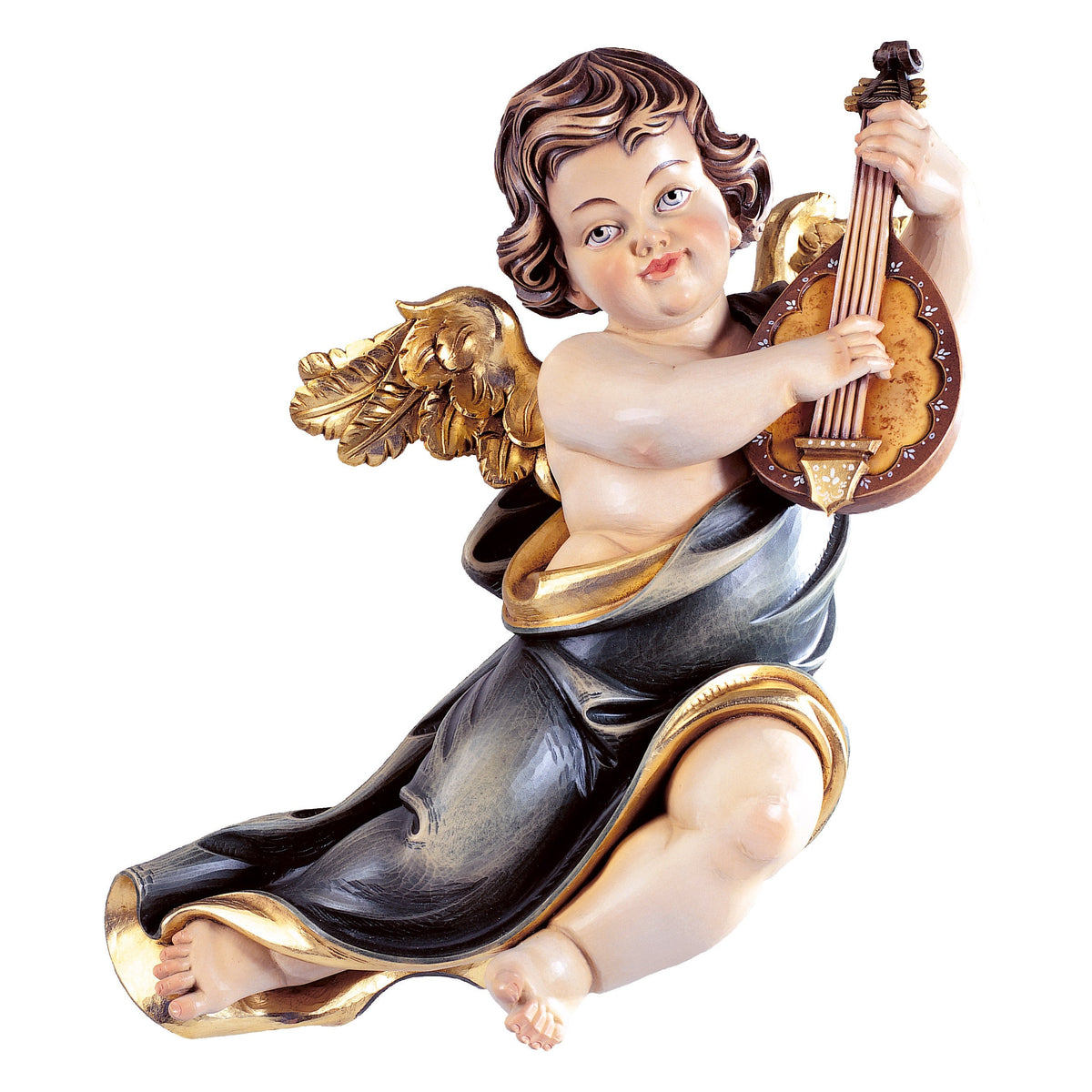 Wooden statue of Marian cherub with mandolin