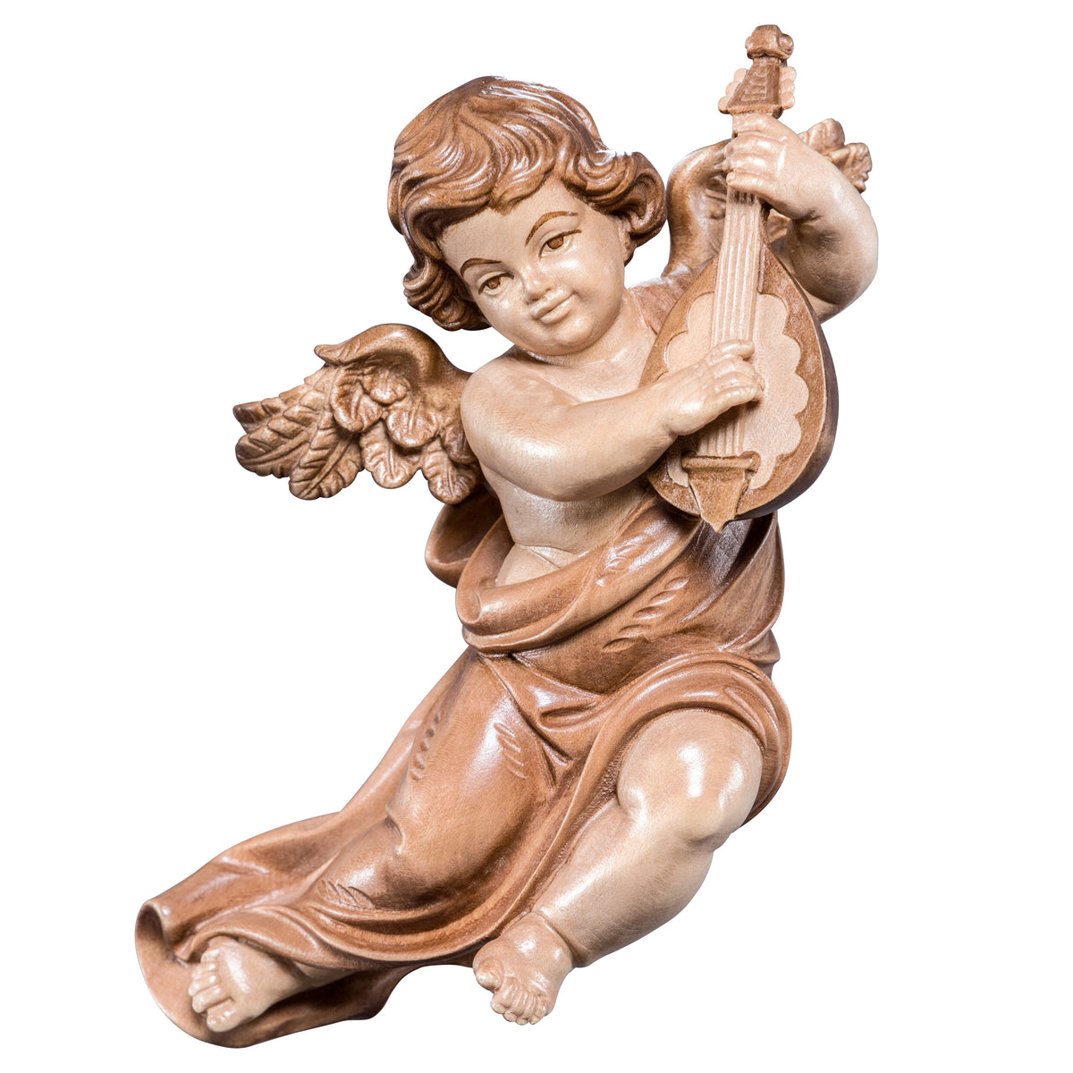 Wooden statue of Marian cherub with mandolin