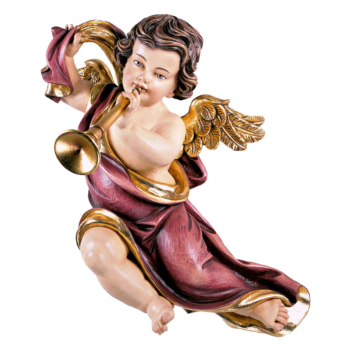 Wooden statue of Marian cherub with trombone