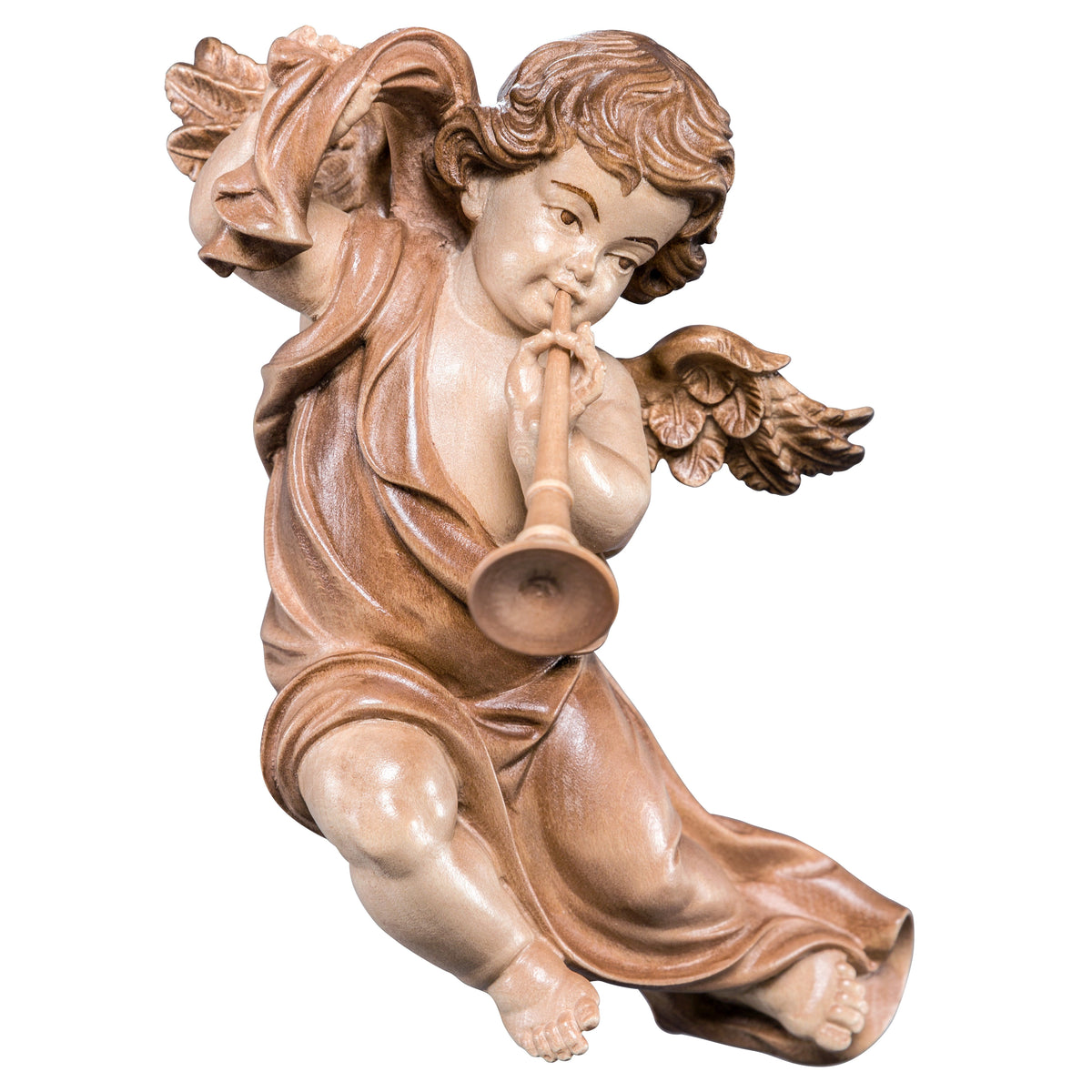 Wooden statue of Marian cherub with trombone