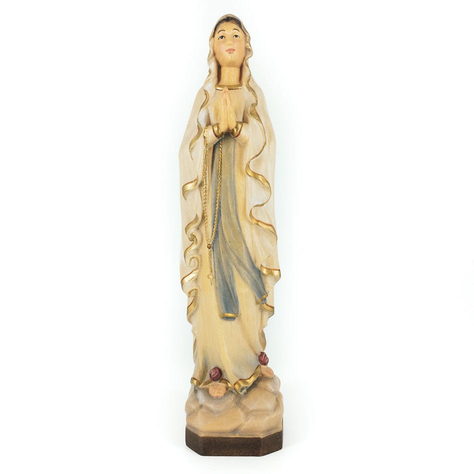 Wooden Statue of Our Lady of Lourdes with Red Roses