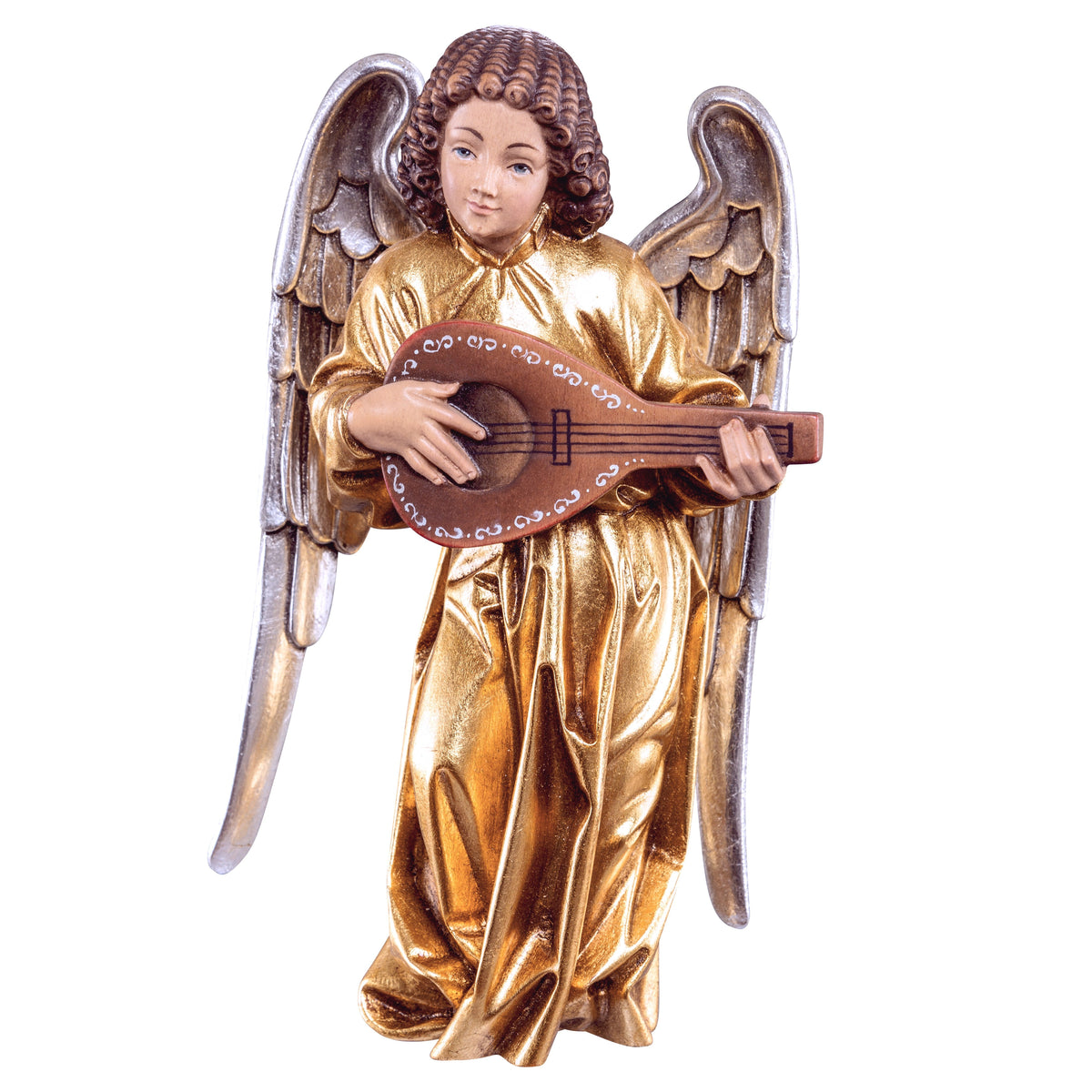 Wooden statue of Pacher angel with mandolin