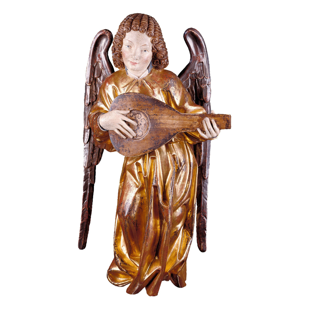 Wooden statue of Pacher angel with mandolin