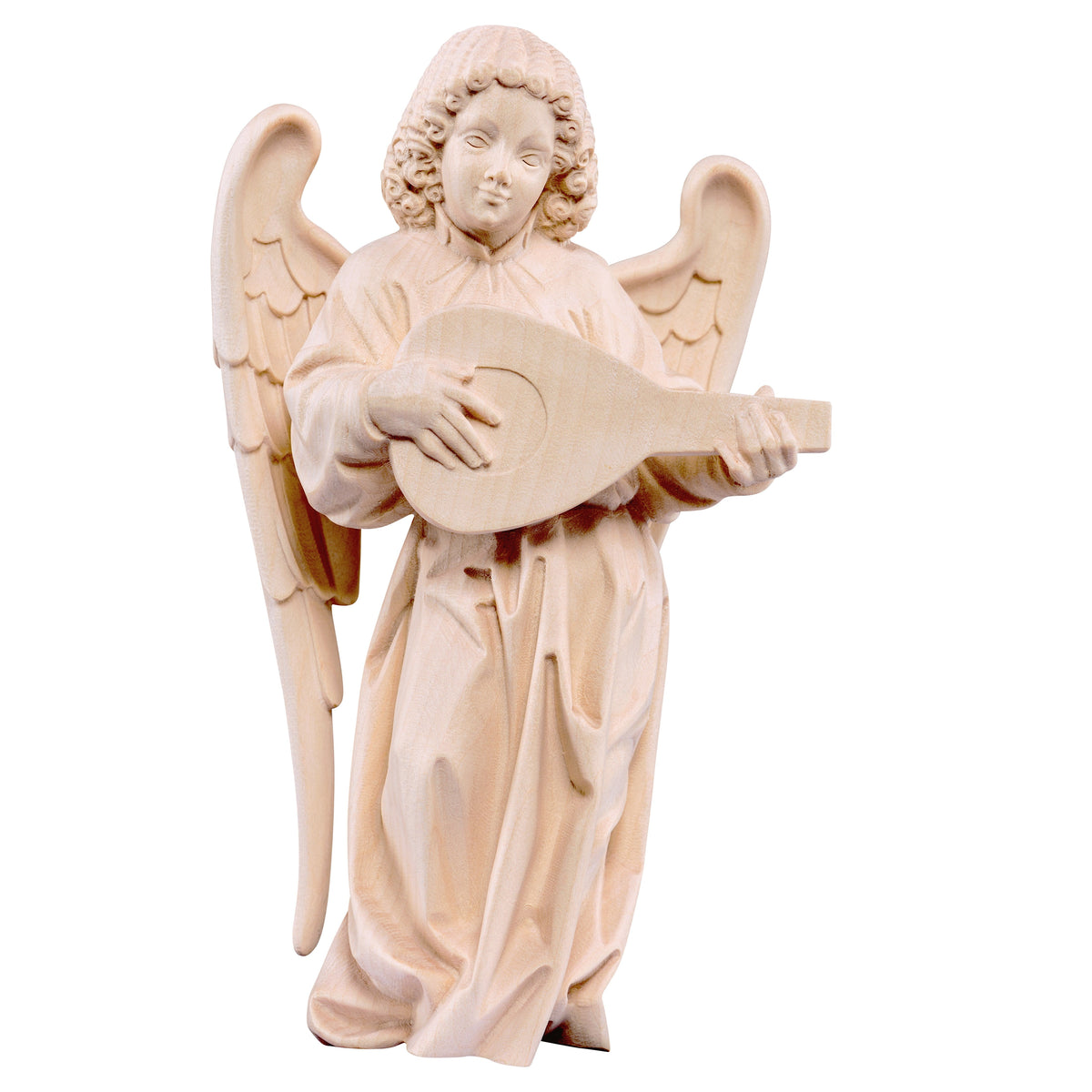 Wooden statue of Pacher angel with mandolin