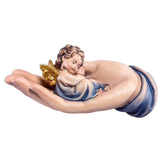 Wooden statue of Protecting hand lying with angel blue