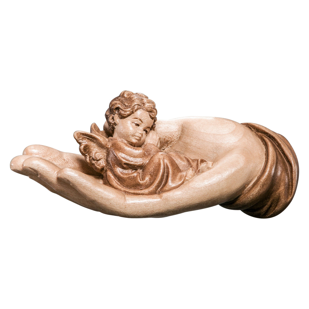 Wooden statue of Protecting hand lying with angel red