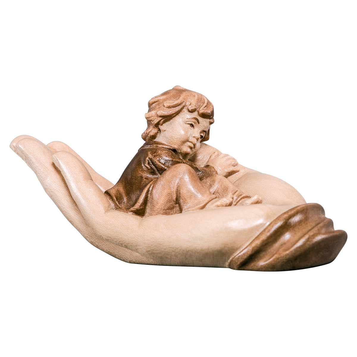 Wooden statue of Protecting hand lying with boy