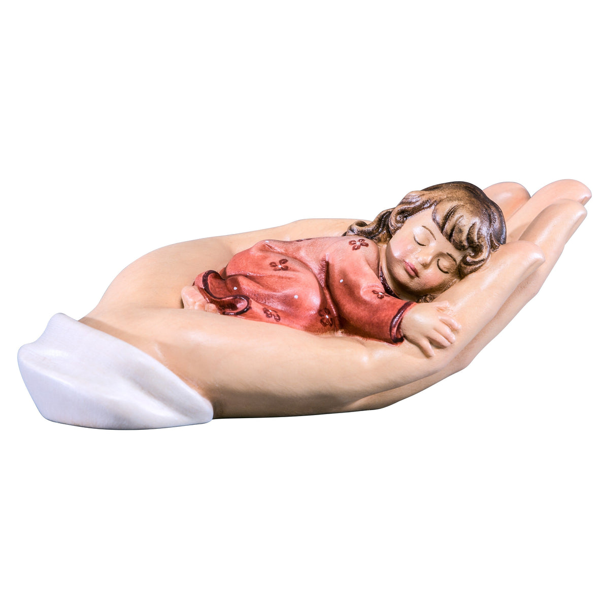 Wooden statue of Protecting hand lying with girl