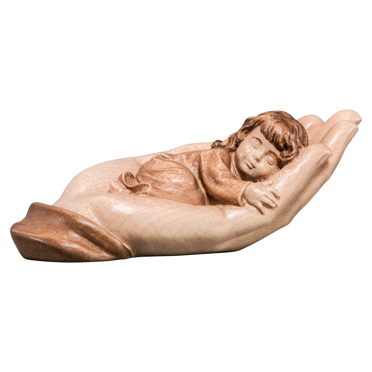 Wooden statue of Protecting hand lying with girl