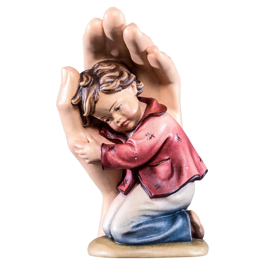 Wooden statue of Protecting hand standing with boy
