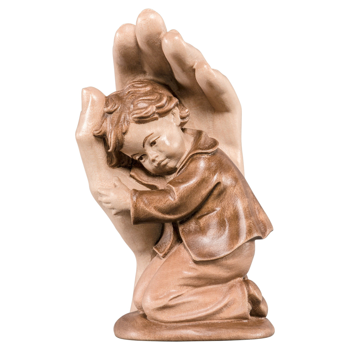 Wooden statue of Protecting hand standing with boy