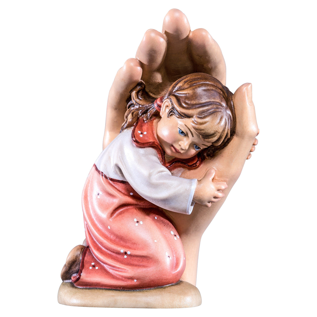 Wooden statue of Protecting hand standing with girl