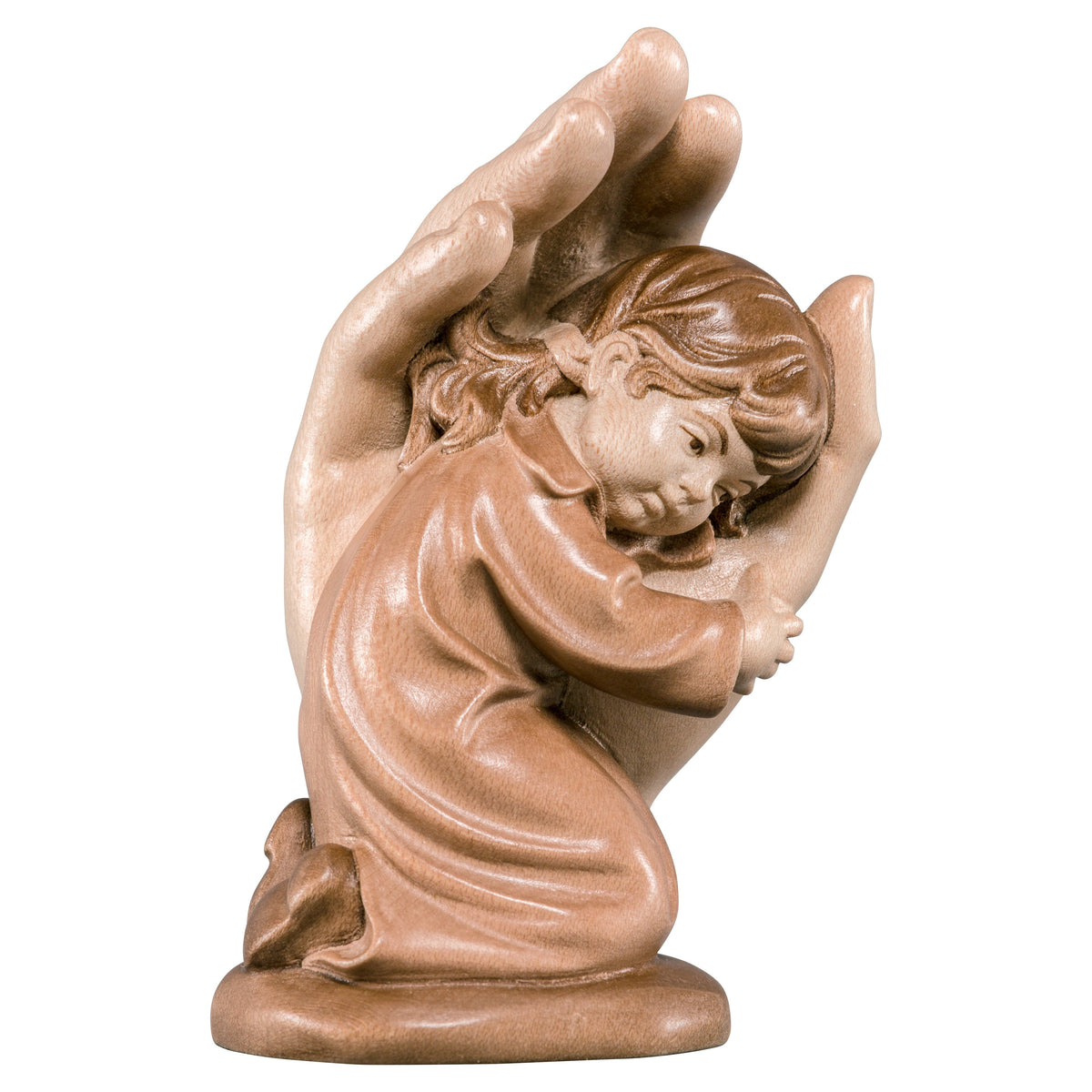 Wooden statue of Protecting hand standing with girl