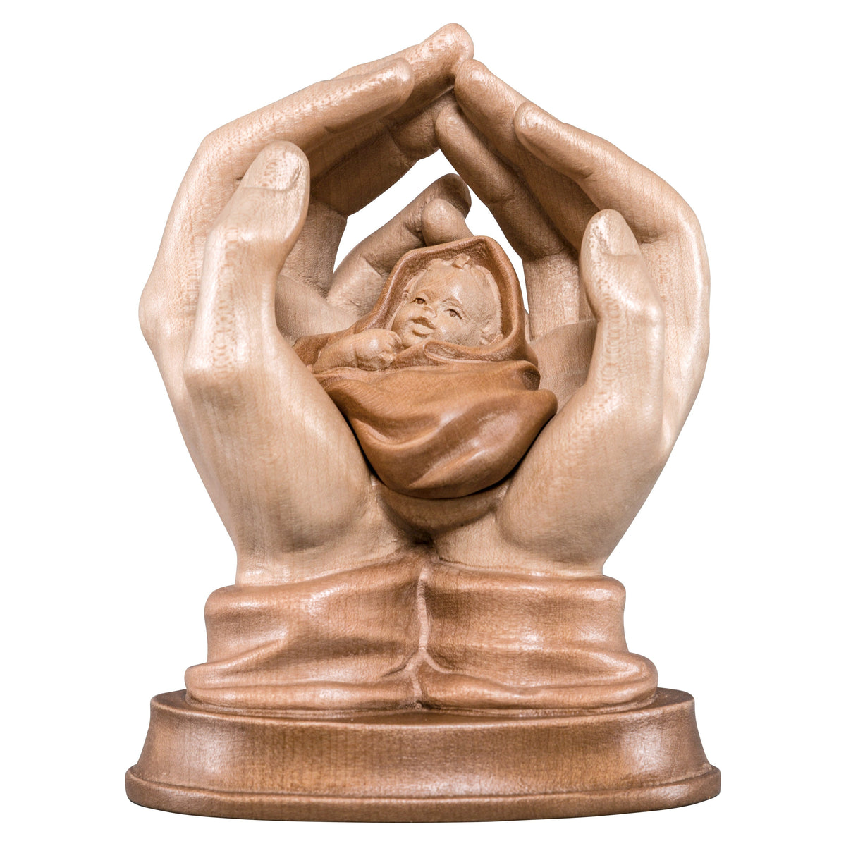 Wooden statue of Protecting hands with baby