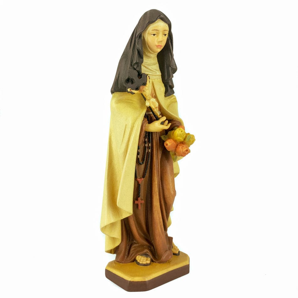 Wooden Statue of St. Thérèse of Lisieux with Crucifix and a Bunch of Roses