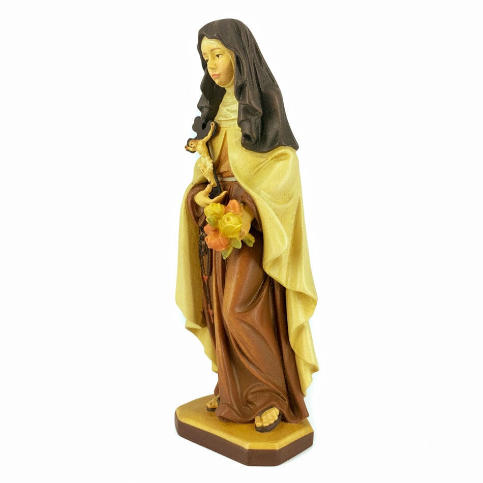 Wooden Statue of St. Thérèse of Lisieux with Crucifix and a Bunch of Roses