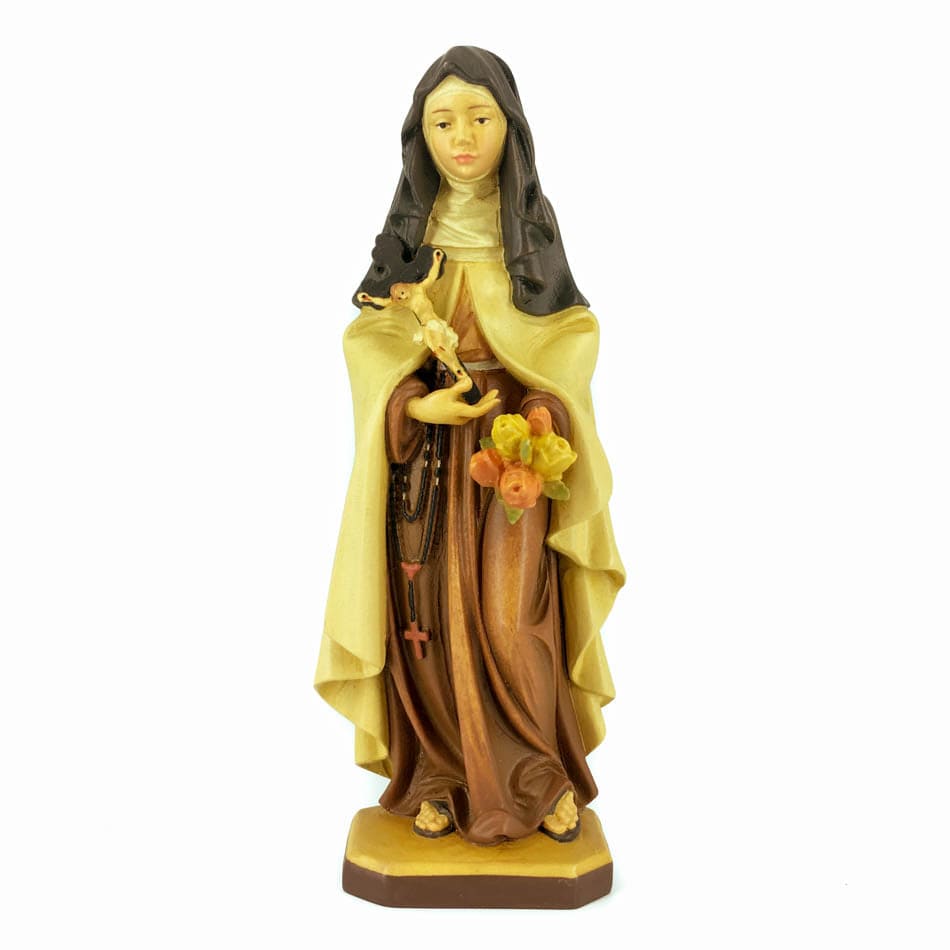 Wooden Statue of St. Thérèse of Lisieux with Crucifix and a Bunch of Roses